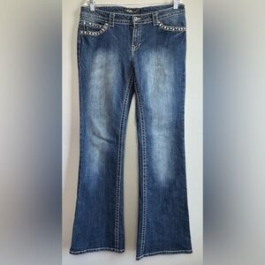 Cello Women’s Rhinestone Embellished Fleur de Lis Boot Cut Jeans Size 14